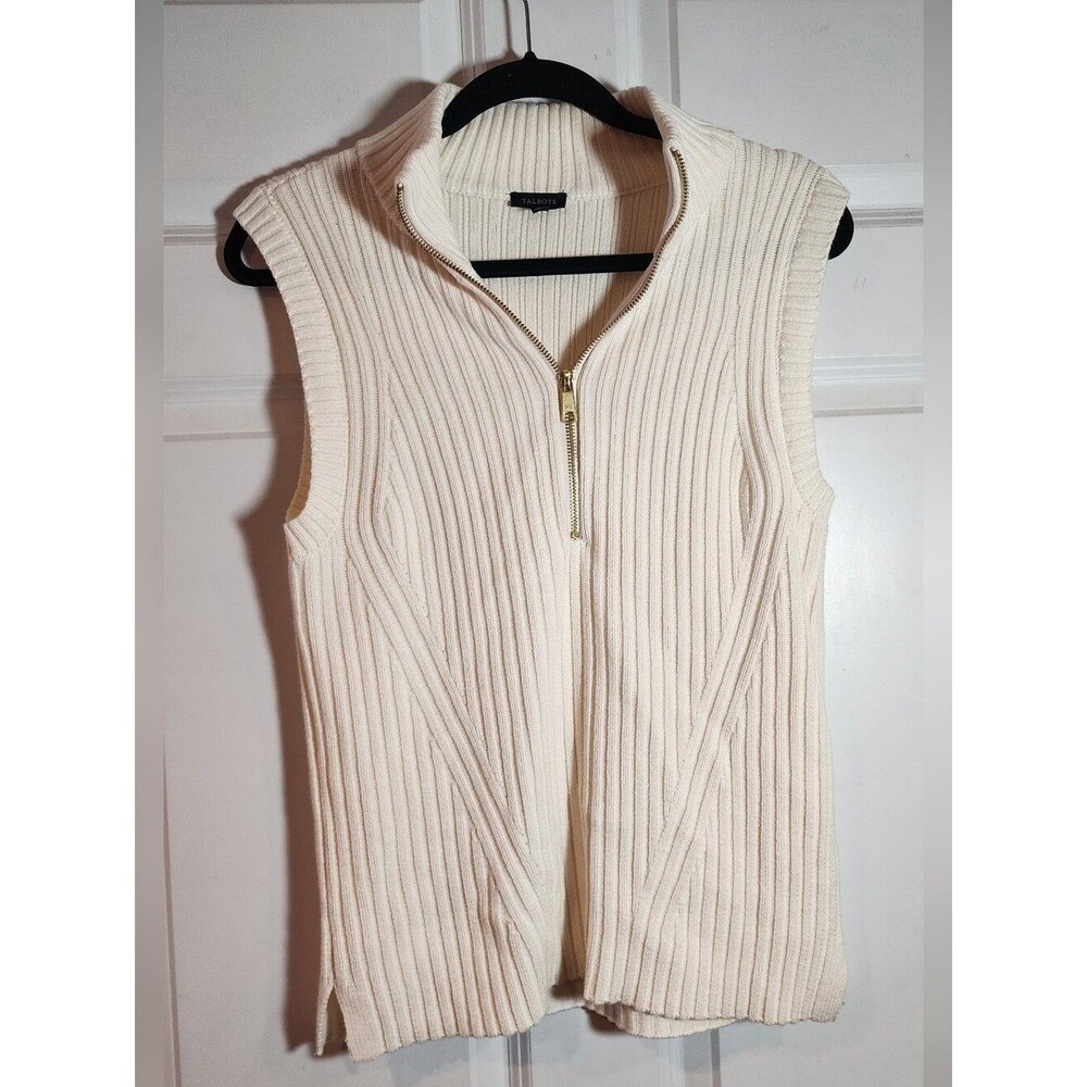 Talbots Ivory Ribbed Zip-Front Sleeveless Sweater Vest XS